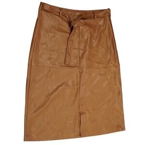 Tan Faux Leather  Skirt Women’s Size Medium Belted High Waist Mod Chic